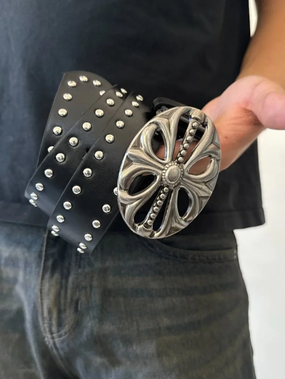 Black Studded Faux Leather Metal Cross Buckle Belt